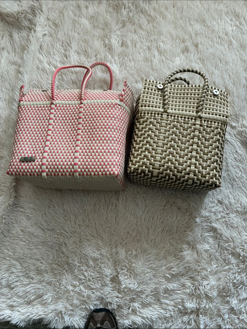 Set of 2 BCG Woven Totes- Pink & Cream and Brown and Cream